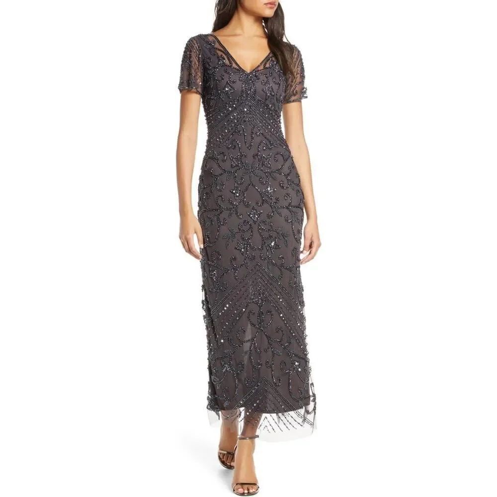 Pisarro Nights Beaded Mesh Column Gown Women's Sz 8 Gray Midi Short Sleeve